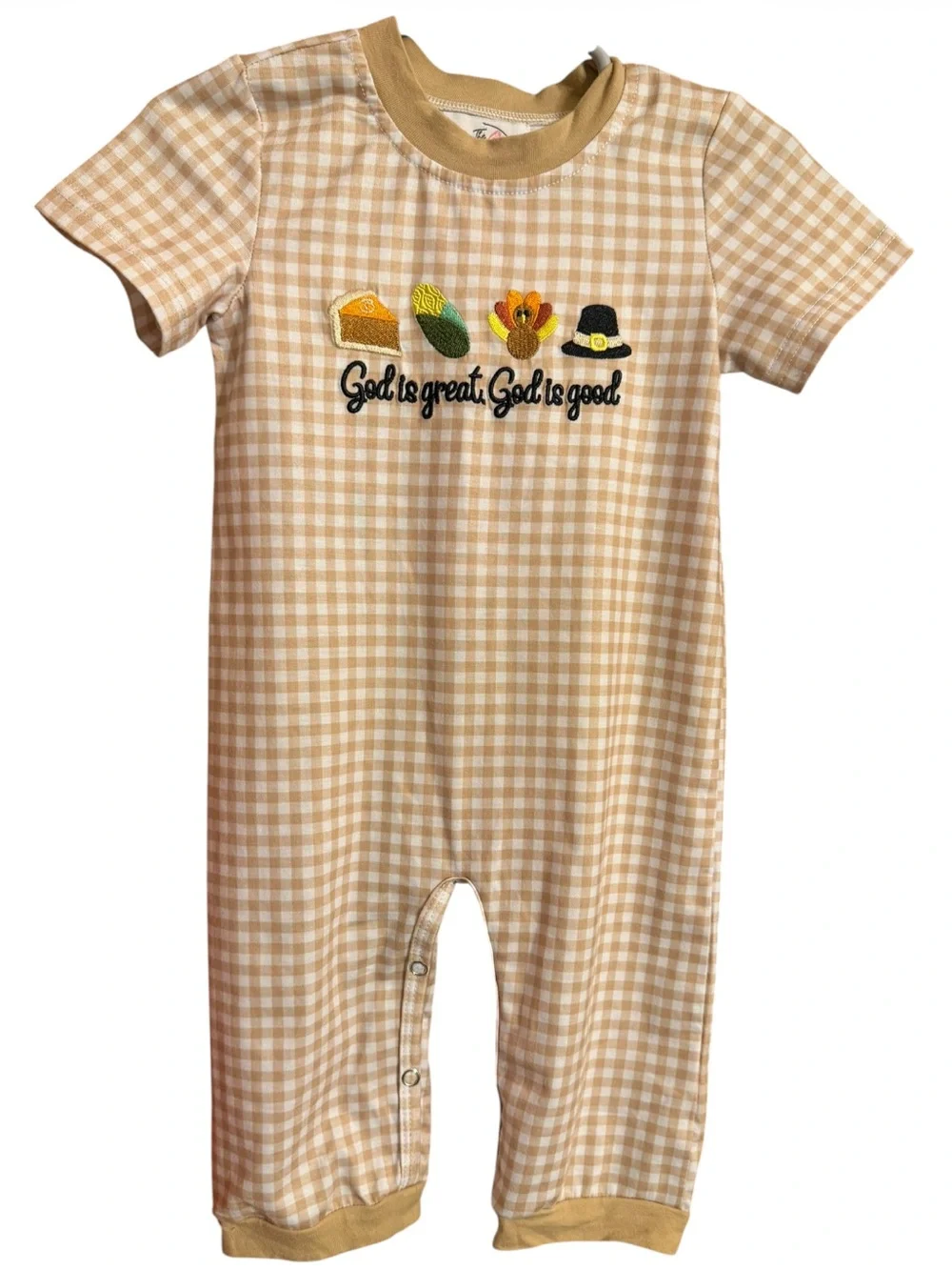 Slippery Frog Smocking Co “God Is Great” Tan Gingham One-Piece Romper Size 3-6mh